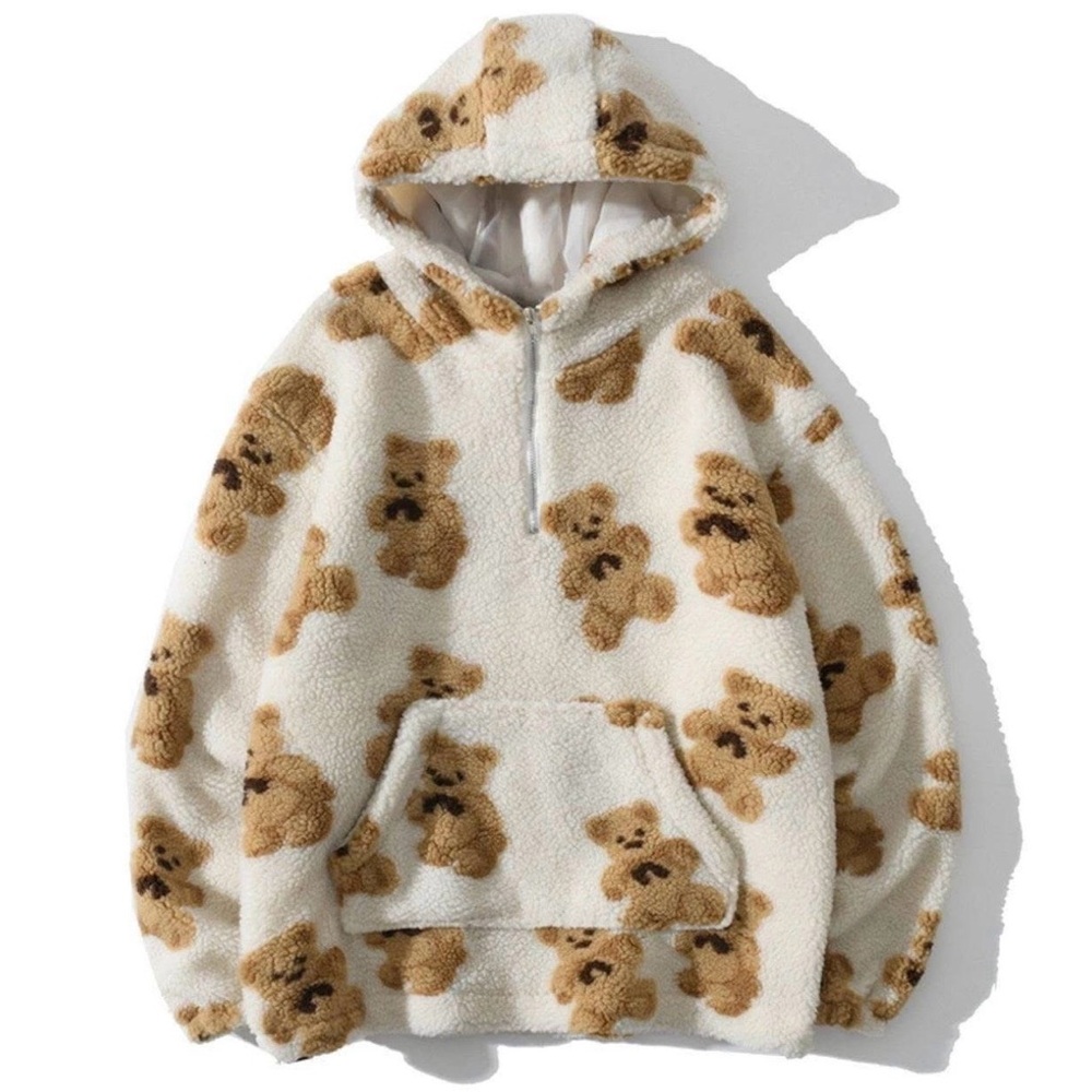 Aelfric Eden Sherpa Teddy Bear Hoodie Pullover White Brown Size Small - Picture 1 of 4